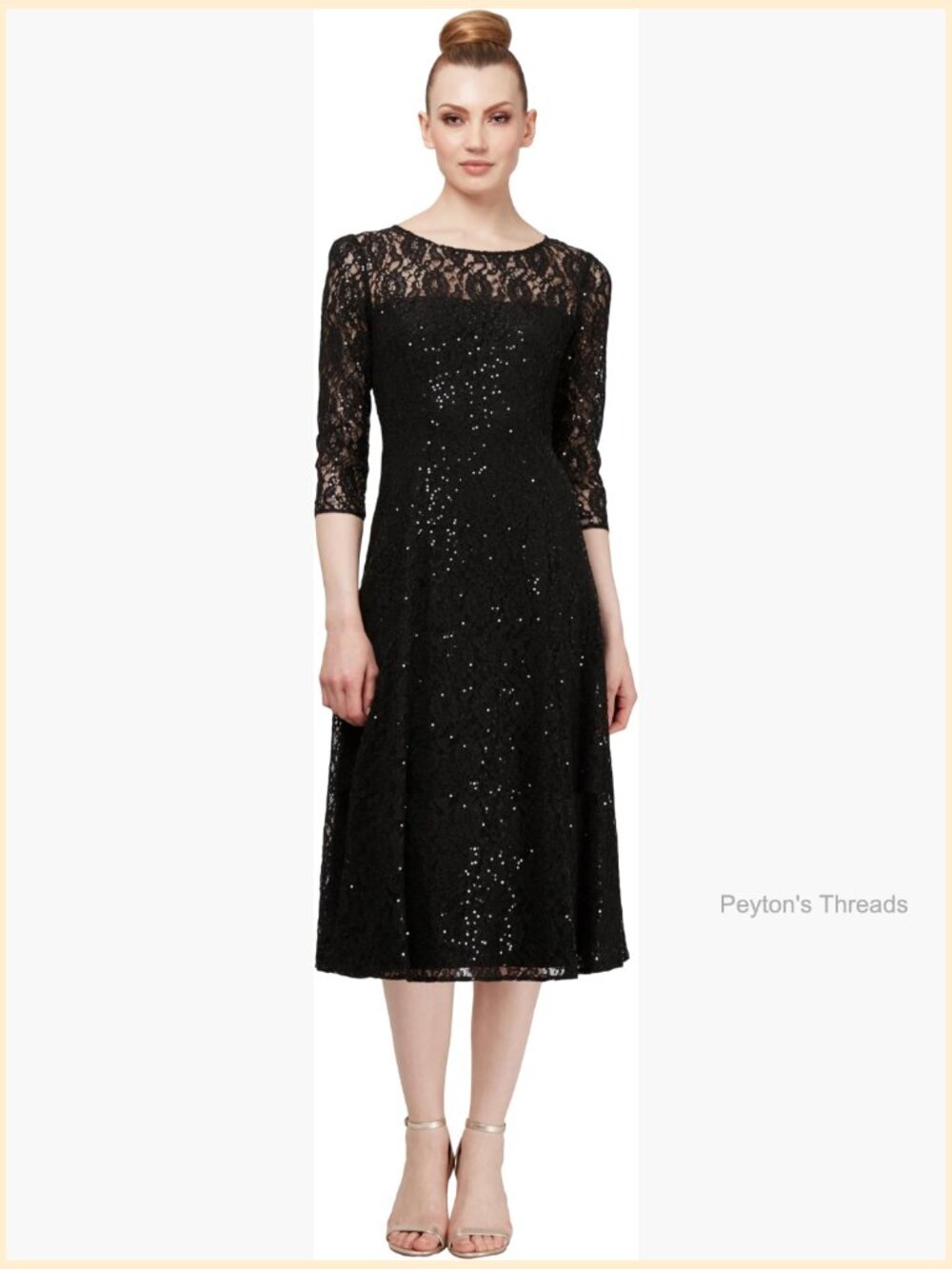 Tea Length Three Quarter Sleeve Sequin Lace Cocktail Dress